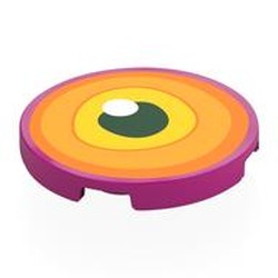 LEGO part 67095pr0052 Tile Round 3 x 3 with Orange/Bright Light Orange/Yellow Eye, Black Pupil print in Bright Reddish Violet/ Magenta