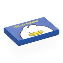 LEGO part 26603pr0085 Tile 2 x 3 with Yellow 'HELLO FRIEND, White Duck, Yellow Bill print in Bright Blue/ Blue