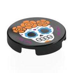 LEGO part 14769pr0057 Tile Round 2 x 2 with Calavera (Skull) with Orange Flowers Print in Black