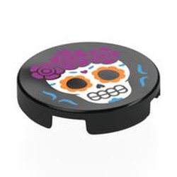 LEGO part 14769pr0056 Tile Round 2 x 2 with Calavera (Skull) with Magenta Flowers Print in Black