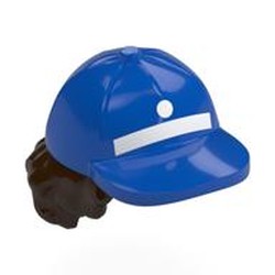 LEGO part 53980pat0004 Hair and Hat, Cap with White Stripe, Dot and Dark Brown Curly Hair in Bright Blue/ Blue