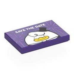 LEGO part 26603pr0086 Tile 2 x 3 with White 'SAVE THE DATE', White Duck, Black Top Hat print in Medium Lilac/ Dark Purple