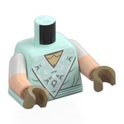 LEGO part 973g27c02h11pr0001 Torso, Dual Molded Arms with Dress, Triangle Front, Silver/Sand Green Decorations, Belt, Dark Tan Shirt print, White Sleeves Pattern, Light Nougat Arms, Dark Tan Hands in Aqua/ Light Aqua