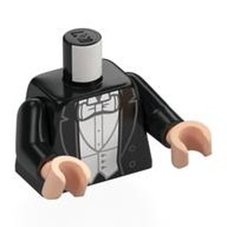 LEGO part 973c03h02pr0025 Torso, Suit, Jacket, White Vest, Shirt, Bow Tie print, Black Arms, Light Nougat Hands in Black