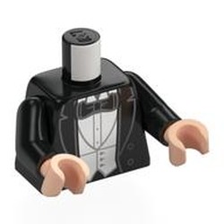 LEGO part 973c03h02pr0027 Torso, Suit, Jacket, White Vest, Shirt, Black Bow Tie print, Black Arms, Light Nougat Hands in Black