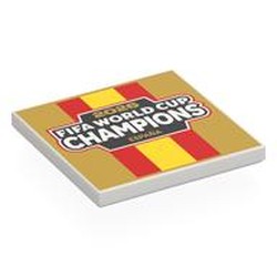 LEGO part 1751pr0032 Tile 4 x 4 with '2026 FIFA WORLD CUP CHAMPIONS ESPANA' on Gold/Red/Yellow Background Print in White