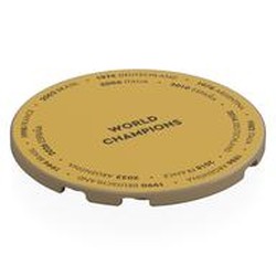 LEGO part 7212pr0010 Tile Round 6 x 6 with 'WORLD CHAMPIONS', Countries print in Sand Yellow/ Dark Tan