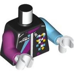 LEGO part 973e148pr0001 Torso, Odd Arms, Racing Suit, White Zipper, 'F1 ACADEMY 32', Azure/Magenta Shapes print, Left Medium Azure Arm, Right Magenta Arm, White Hands in Black