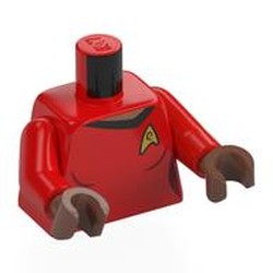 LEGO part 973c22h69pr0002 Torso, Star Fleet Uniform, Gold Badge, Medium Brown Neck print, Red Arms, Medium Brown Hands in Bright Red/ Red