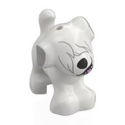 LEGO part 93088pr0014 Animal, Dog, Small Standing with Dark Bluish Grey Ears, Hair over Eyes print in White