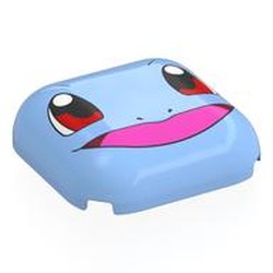 LEGO part 7521pr0005 Brick Round, Curved 4 x 4 with Squirtle Face, Red/Black Eyes, Open Mouth, Dark Pink Tongue print in Light Royal Blue/ Bright Light Blue