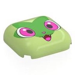 LEGO part 7521pr0003 Brick Round, Curved 4 x 4 with Sprigatito Face, Dark Pink Eyes, Open Mouth, Green Leave print in Spring Yellowish Green/ Yellowish Green
