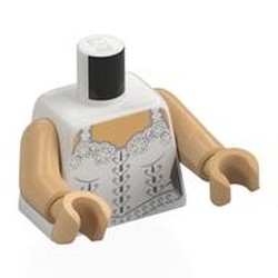 LEGO part 973c70h70pr0004 Torso, White Dress, Silver Decorations, Light Nougat Chest print, Warm Tan Arms and Hands in White
