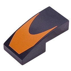LEGO part 11477pr0028 Slope Curved 2 x 1 No Studs with Orange Shape print in Black