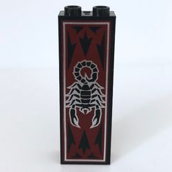Brick 1 x 2 x 5 with Blocked Open Studs and Bottom Stud Holder with Scorpion and Dark Red Print