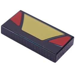 LEGO part 3069bpr9914 Tile 1 x 2 with Yellow Trapezoid, Red Triangles print in Black
