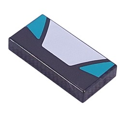 LEGO part 3069bpr9915 Tile 1 x 2 with White Trapezoid, Dark Turquoise Triangles print in Black