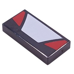 LEGO part 3069bpr9921 Tile 1 x 2 with White Trapezoid, Red Triangles print in Black