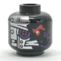 Minifig Head General Cryptor / Nindroid, Red Robot Eye with Purple Edge, Metal Plating, Rivets Print