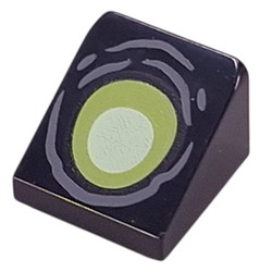 LEGO part 54200pr0031 Slope 30° 1 x 1 x 2/3 (Cheese Slope) with Lime/Yellowish Green Eye, Dark Bluish Grey Wrinkles print in Black