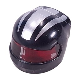 LEGO part 7071pat0002pr0005 Helmet, Formula 1 with Trans-Red Visor pattern and Silver Stripes print in Black