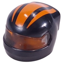 LEGO part 7071pat0005pr0003 Helmet, Formula 1 with Trans-Orange Visor pattern and Orange Stripes print in Black