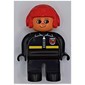 Duplo Figure, Early, Aviator Hat Red, Black Legs, Fire Jacket with Zipper Print