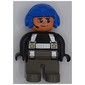 Duplo Figure, Early, Aviator Hat Blue, Dark Gray Legs, Silver Harness with Yellow Stars Print