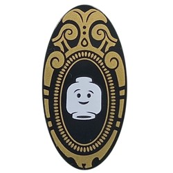 LEGO part 92747pr0014 Shield Ovoid with Grip with Magic Mirror, Gold Border, White Minifig Head print in Black