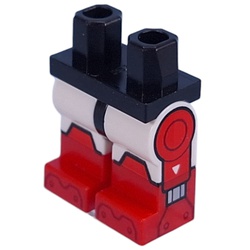 LEGO part 970c27pat22pr0001 Hips with White Legs and Red Boots Pattern with Armor Knee Caps, Toes, Robotic Sides print in Black