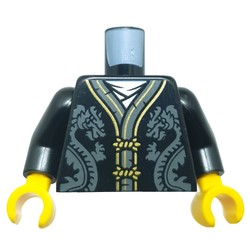 LEGO part 973c03h01pr0009 Torso, Robe, Dark Bluish Grey/Gold Trim, Dark Bluish Grey Dragons on Front, Gold Dragon on Back print, Black Arms, Yellow Hands in Black