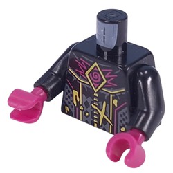 LEGO part 973c03h37pr0001 Torso, Magenta/Bright Light Yellow Lines, Silver Armor print, Black Arms, Magenta Hands in Black