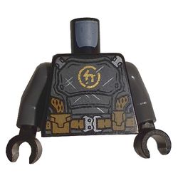 Torso Armor, Dark Bluish Gray Chestplate, Tan Utility Belt, Orange Symbol print, Pearl Titanium Arms, Black Hands