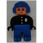Duplo Figure, Early, Aviator Hat Blue, Blue Legs, Black Top with 3 Buttons and Badge, Nose Pointed Up Print