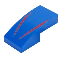 LEGO part 11477pr0022 Slope Curved 2 x 1 No Studs with Red Stripes print in Bright Blue/ Blue