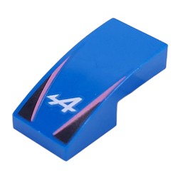 LEGO part 11477pr0031 Slope Curved 2 x 1 No Studs with White 'A', Dark Pink Lines, Black Triangles print in Bright Blue/ Blue