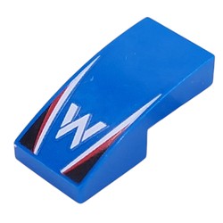 LEGO part 11477pr0033 Slope Curved 2 x 1 No Studs with White 'W', White/Red Stripes, Black Triangles print in Bright Blue/ Blue