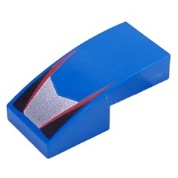 LEGO part 11477pr0035 Slope Curved 2 x 1 No Studs with Red Stripes, Black Triangles, Silver Shape print in Bright Blue/ Blue