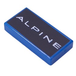 LEGO part 3069bpr9919 Tile 1 x 2 with White 'ALPINE' on Black Background print in Bright Blue/ Blue