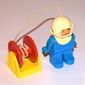 Duplo Figure, Early, Diving Helmet White, Blue Legs, with Attached 'Hose' and Red Reel