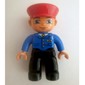 Duplo Figure with Police Style Hat Red, with Black Legs, Blue Jacket with Blue/Yellow Tie, Nougat Hands, Smile with Closed Mouth (Train Conductor)