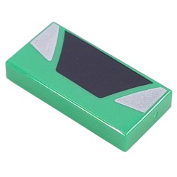 LEGO part 3069bpr9922 Tile 1 x 2 with Black Trapezoid, Silver Triangles print in Bright Green