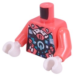 Torso, Dark Turquoise/White On/Off Button, Pixelated Dark Turquoise/Dark Blue Pizels, Coral Straps, '01' print, Coral Arms, White Hands