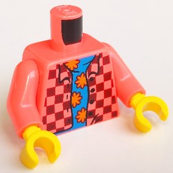 Torso Shirt, Checkered over Blue Top with Orange Decorations Print, Coral Arms, Yellow Hands