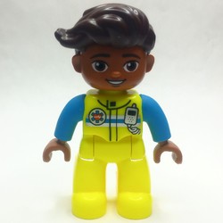 Duplo Figure with Short Hair Dark Brown, with Vibrant Yellow EMT Suit print