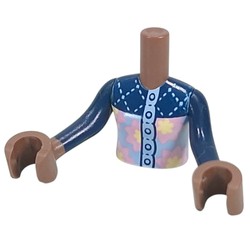 LEGO part 92456c16pr0008 Minidoll Torso Girl with Medium Brown Arms and Hands with Dark Blue Jacket, Bright Light Blue/Bright Pink/Bright Light Yellow Flowers, Zipper print in Medium Brown