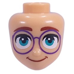 LEGO part 92198pr9943 Minidoll Head, Dark Tan Eyebrows, Dark Purple Glasses, Bright Light Blue Eyes in Warm Tan