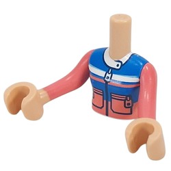 LEGO part 92456c06pr0006 Minidoll Torso Girl with Warm Tan Arms and Hands with Blue/Coral Jacket, Zipper, Pockets, White Collar print in Warm Tan