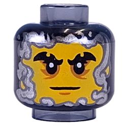 LEGO part 28621pr0014 Minifig Head Cinder, Silver Face Mask, Covered Face / Open Face print in Trans-Black