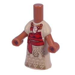 LEGO part 65203pr0003 Microdoll Body Long Dress Tan with Dark Tan Decorations, Dark Red Front, Sash, Sienna Brown Hands in Sienna Brown